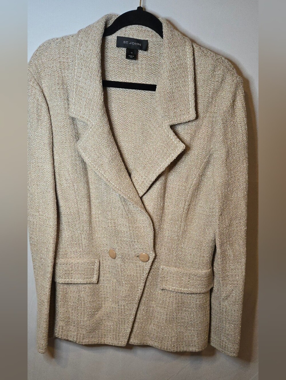 St. John Neutral Beige Gold Bouclé Textured Blazerk Knit Sport Jacket Women's 12